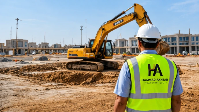 Excavation worker and excavator at a UAE construction site