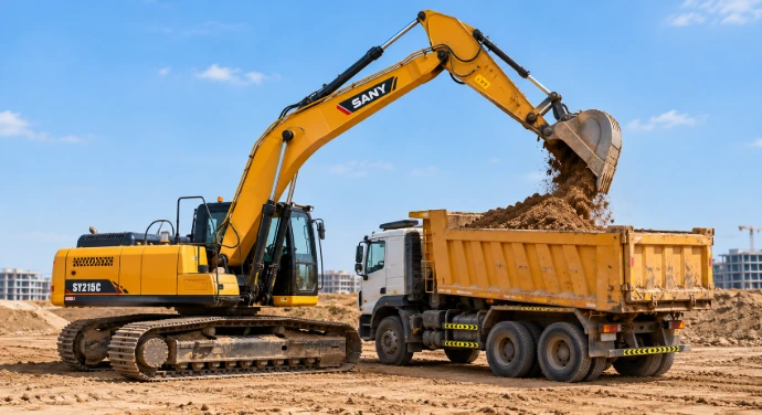 Excavator loading excavated material into a dump truck
