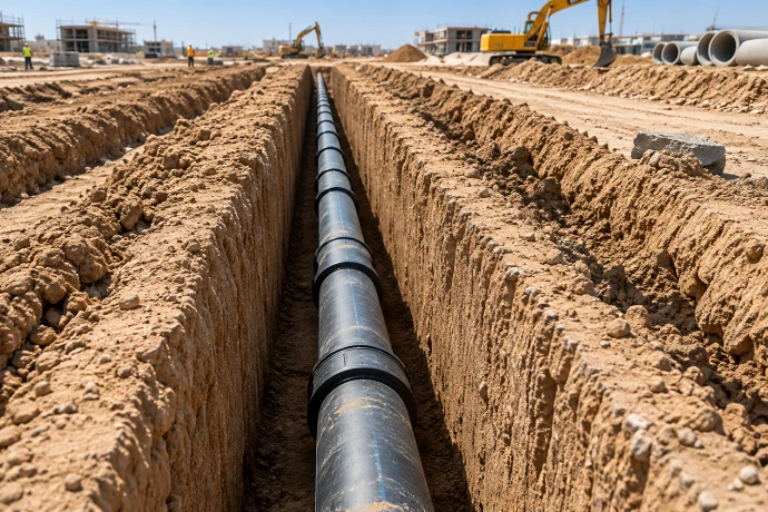 Underground utility trench excavation with drainage pipe