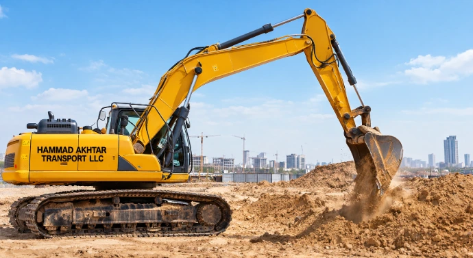 Excavator performing construction excavation work in Dubai