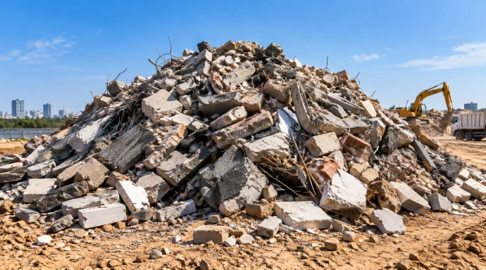 Construction debris and excess material ready for removal