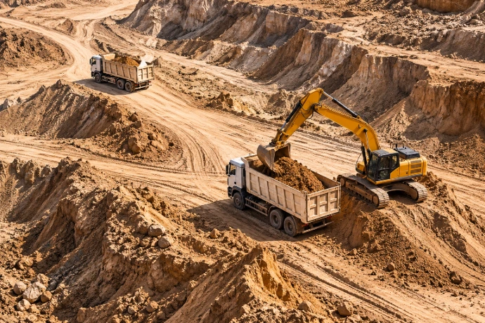 Excavation site with earthmoving equipment and material piles